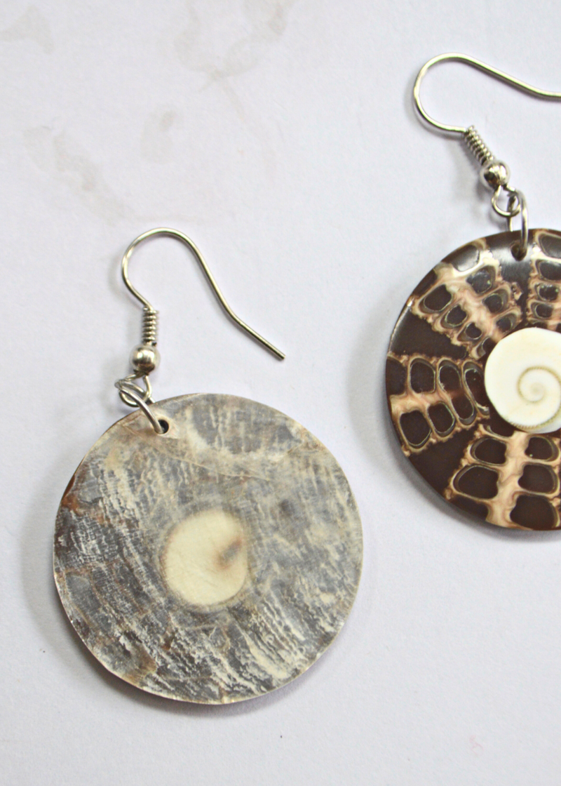 Brown Shiva Eye Spiral Shell Disc Earrings