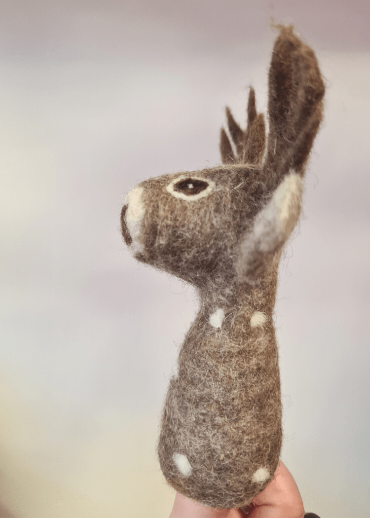 side view of a grey felt deer finger puppet with white spots, brown antlers and nose, a cute face and big ears sat on someones finger