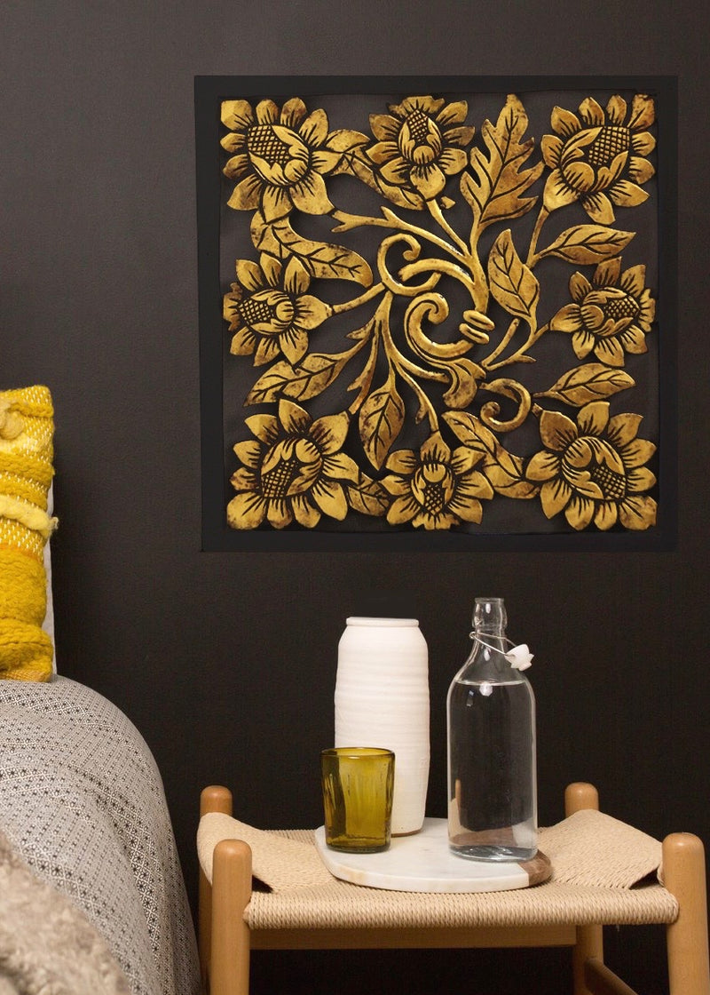 Square Wooden Panel in Black and Gold