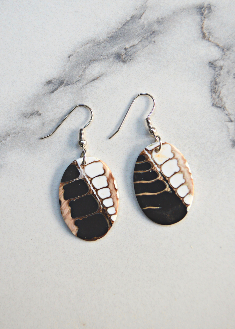 two brown and white Oval Shell Earrings With Fossil Detail and ear wires laid on a marble surface