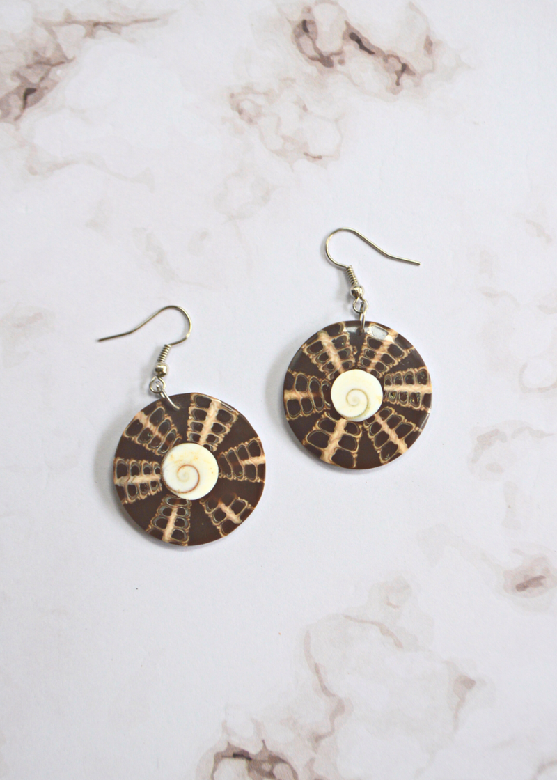 Brown Shiva Eye Spiral Shell Disc Earrings