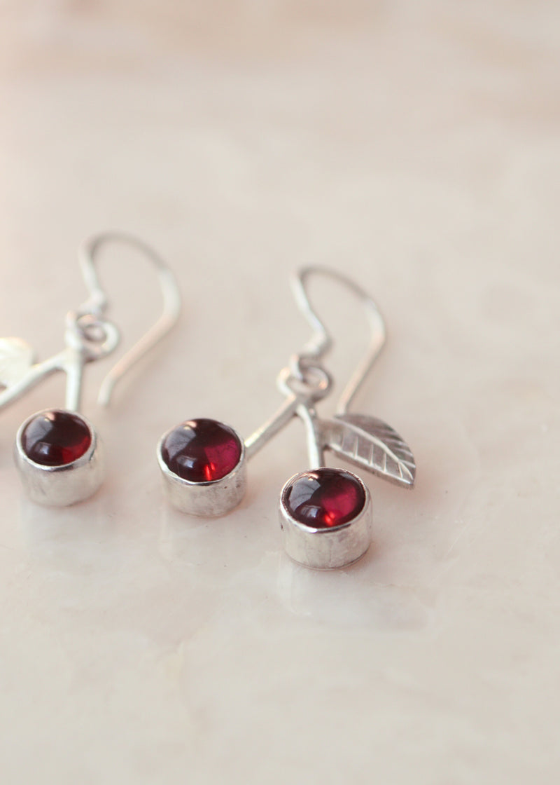 Silver Cherry Cabochon Garnet Earrings
