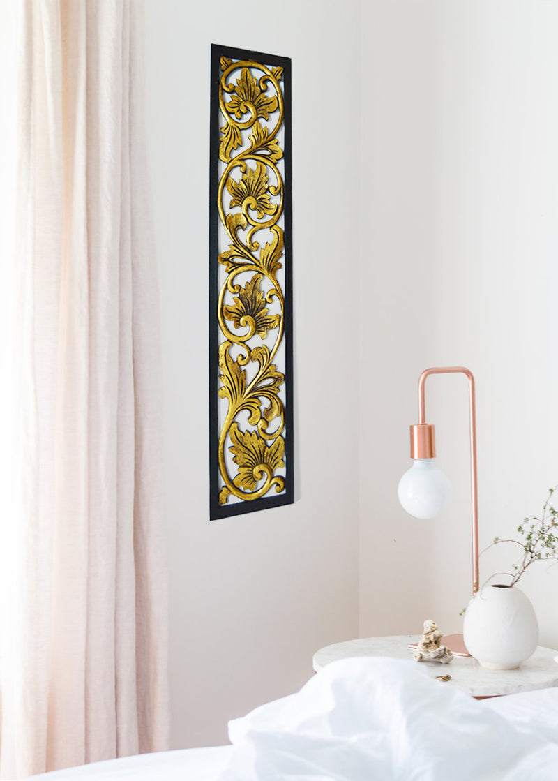 Carved Wooden Black and Gold Long Panel